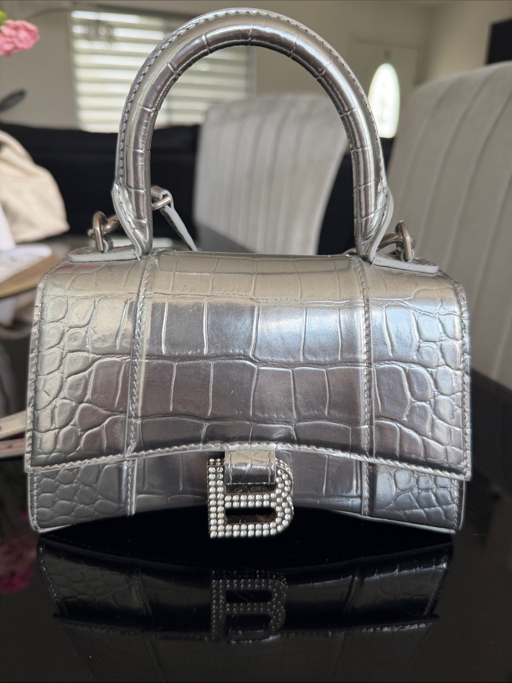 Balenciaga Metallic Silver Croc-Embossed Mini Top Handle Bag